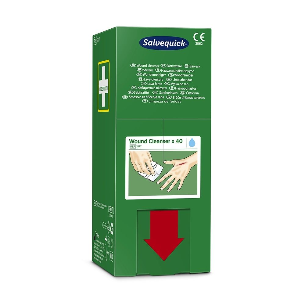 Lingette Salvequick pour le nettoyage des plaies, emballée individuellement.
