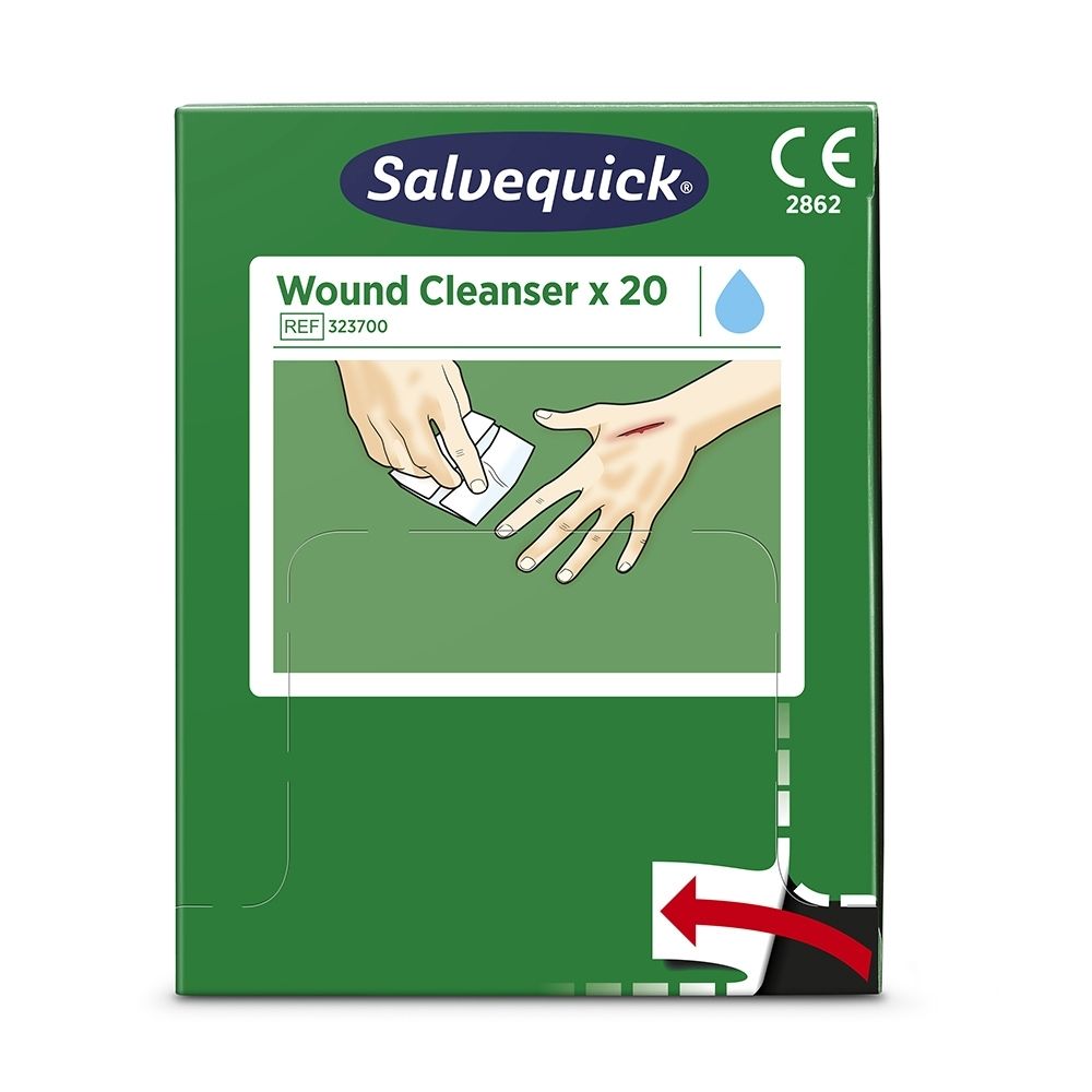 Boîte verte Salvequick Nettoyant pour plaies, 20 pièces. Illustration d'une main avec coupure.