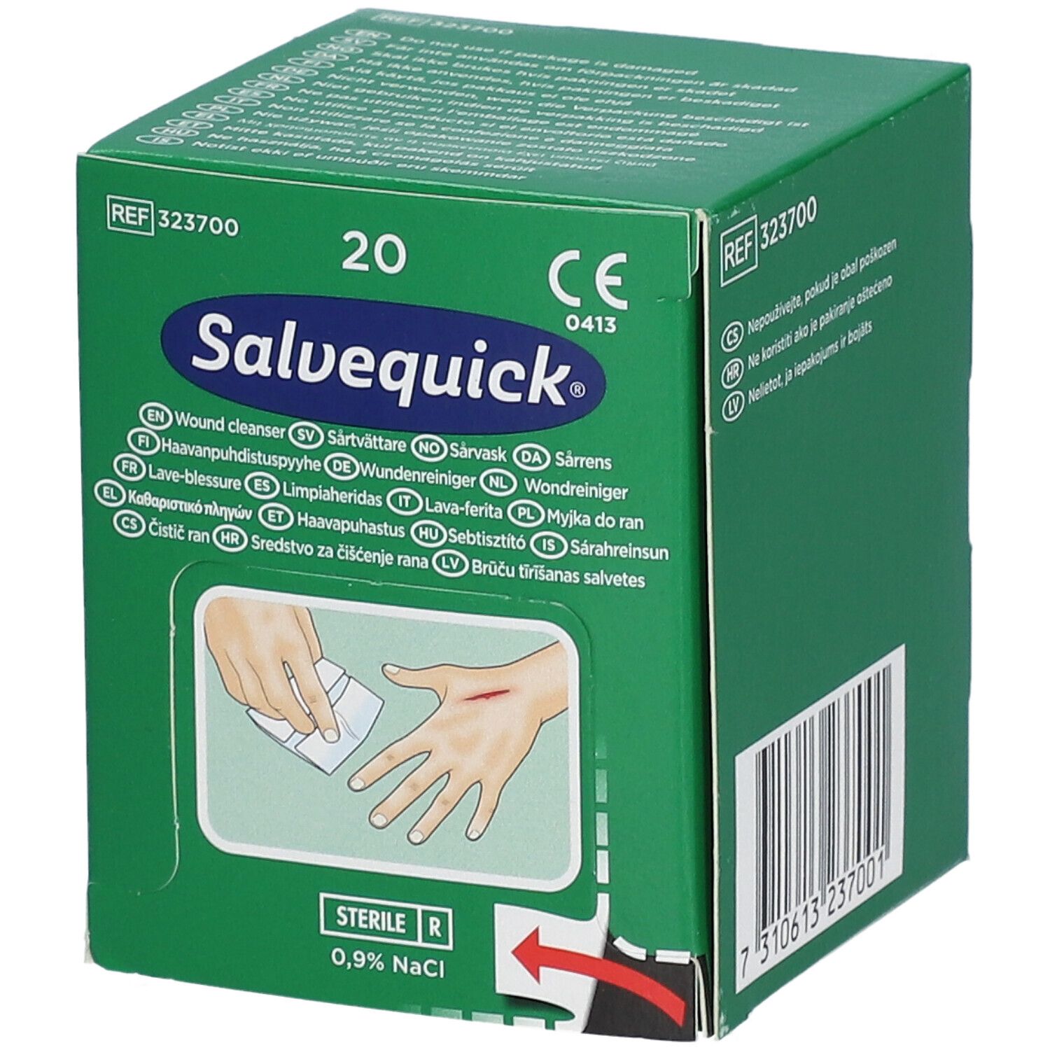 Boîte verte Salvequick Wondreiniger. Contient 20 unités. Illustration d'une main avec une plaie et une compresse. Stérile.