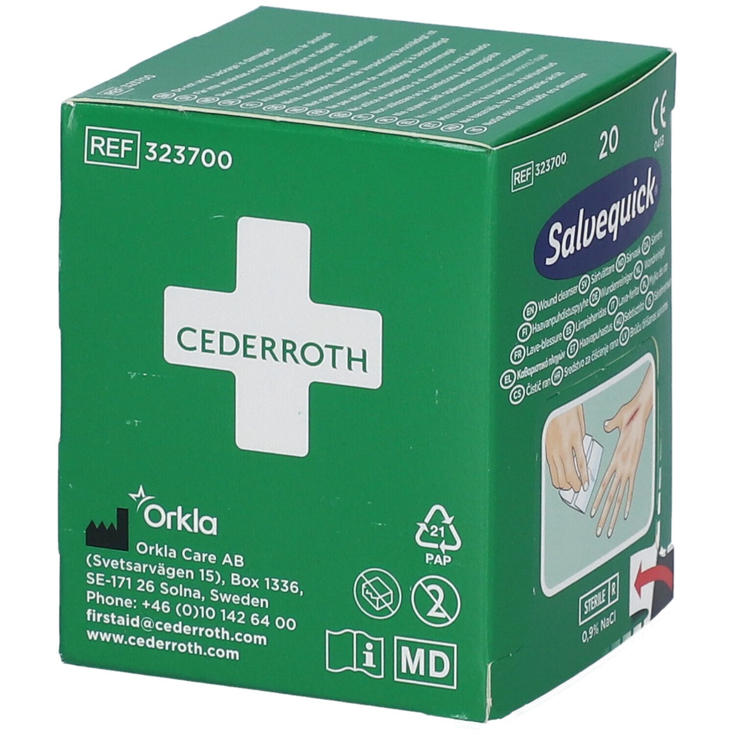 Boîte verte avec croix blanche et logo Cederroth. Contient Salvequick Wondreiniger. Adresse et coordonnées.