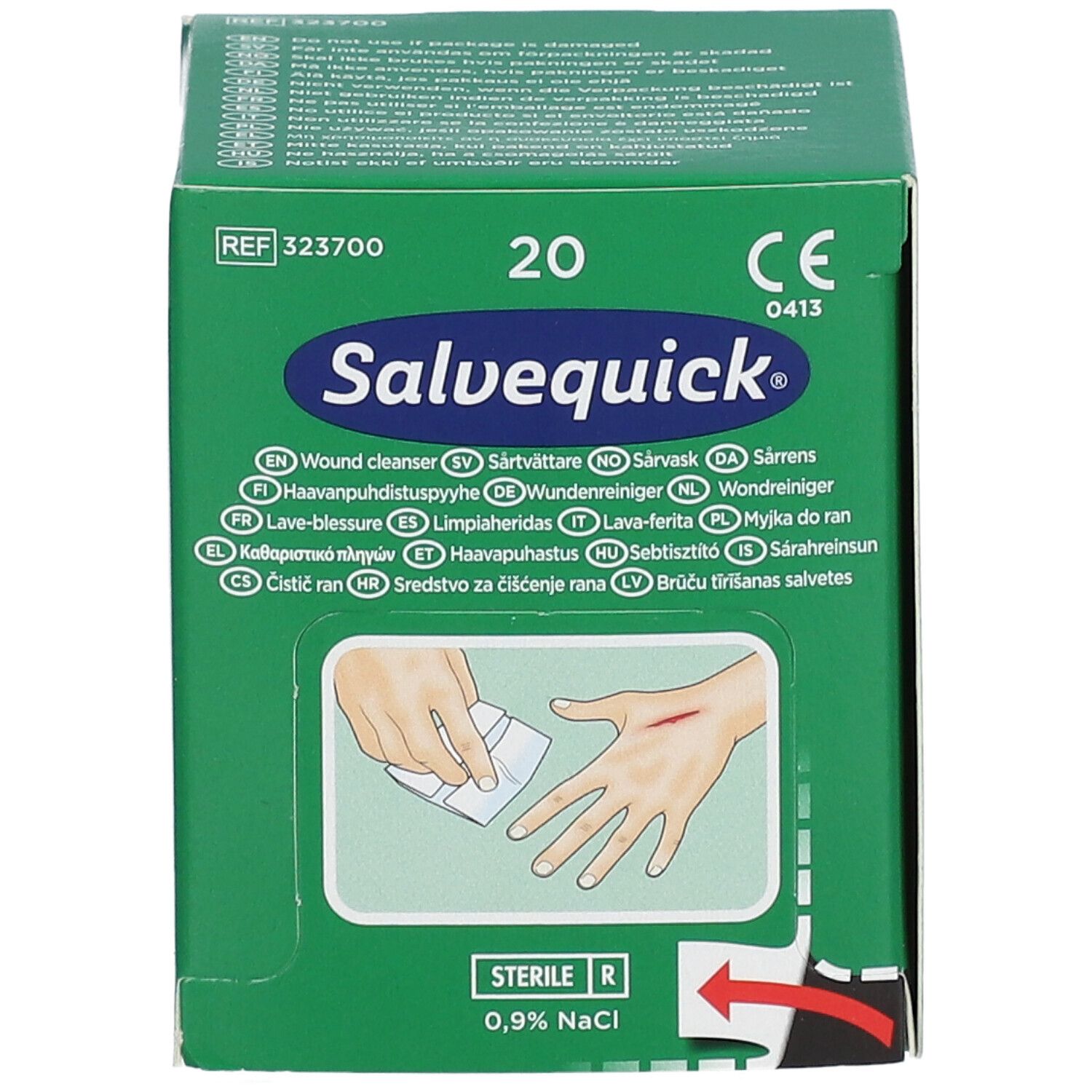 Boîte verte avec Salvequick. Contient 20 unités. Illustration d'une main avec une plaie et une compresse. Stérile.