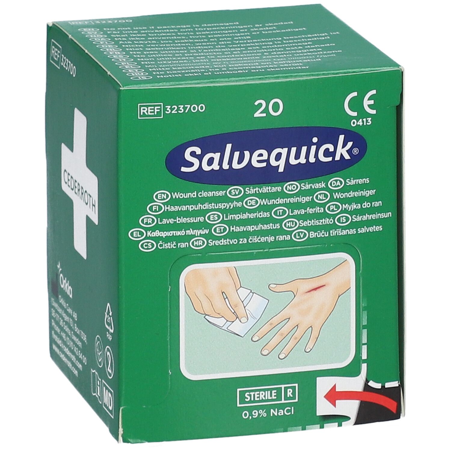 Boîte verte avec Salvequick et logo Cederroth. Contient 20 unités. Illustration d'une main avec une plaie et une compresse. Stérile.