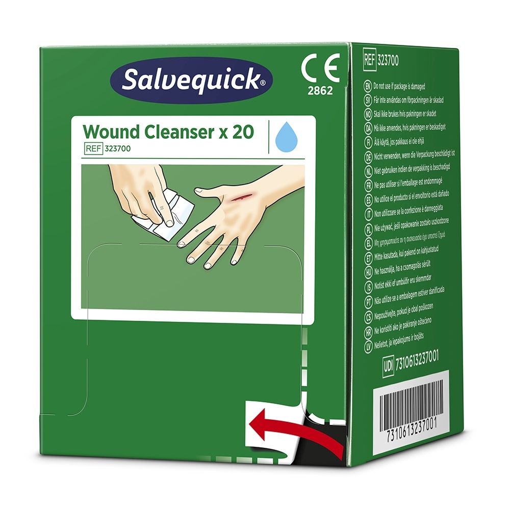 Vue latérale d'une boîte verte avec logo Cederrroth et Salvequick Nettoyant pour plaies.