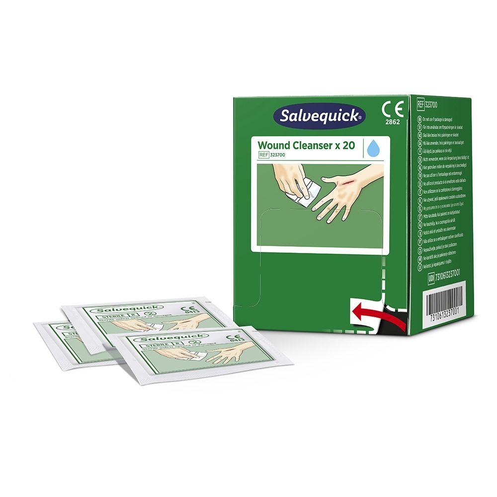 Pack de 20 lingettes Salvequick avec trois sachets individuels, stérile, 0,9% NaCl.