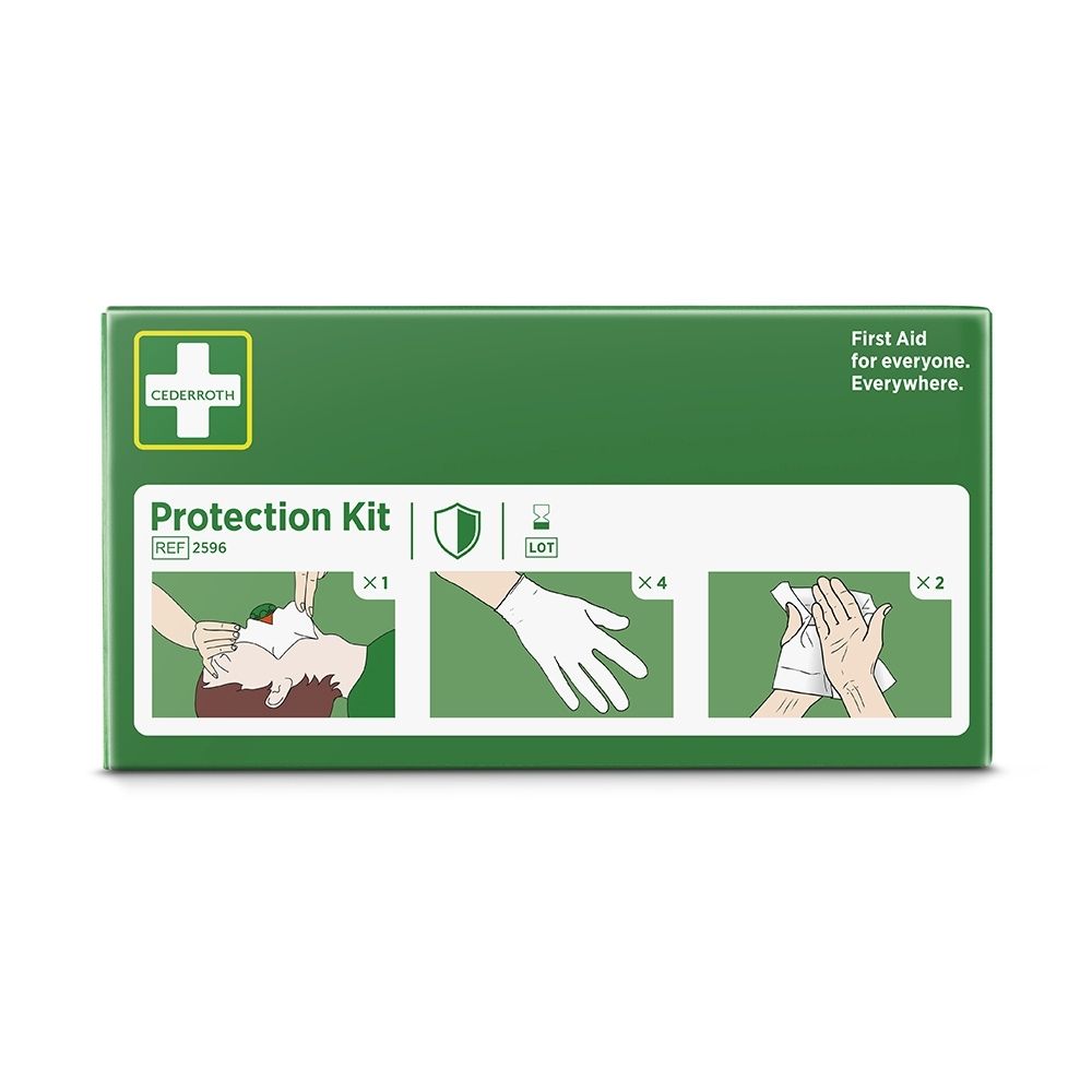 Boîte verte "Protection Kit" avec croix blanche. Montre des instructions de premiers secours, y compris des gants.