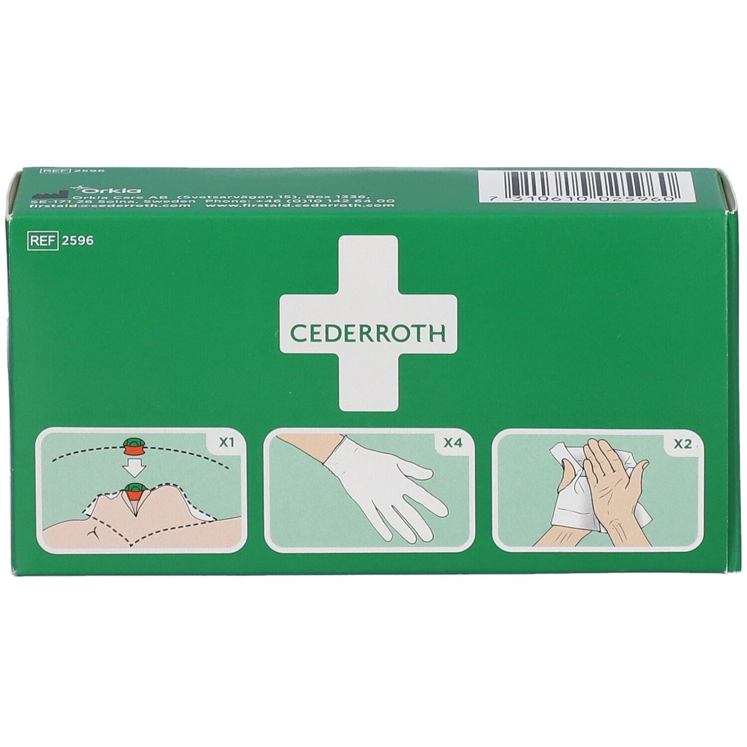 Boîte verte avec croix blanche et texte CEDERROTH. Illustrations de gants, lingettes et soins des plaies. Référence 2596.