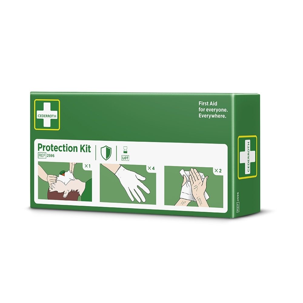 Boîte verte "Protection Kit" avec croix blanche. Montre des instructions de premiers secours, y compris des gants.