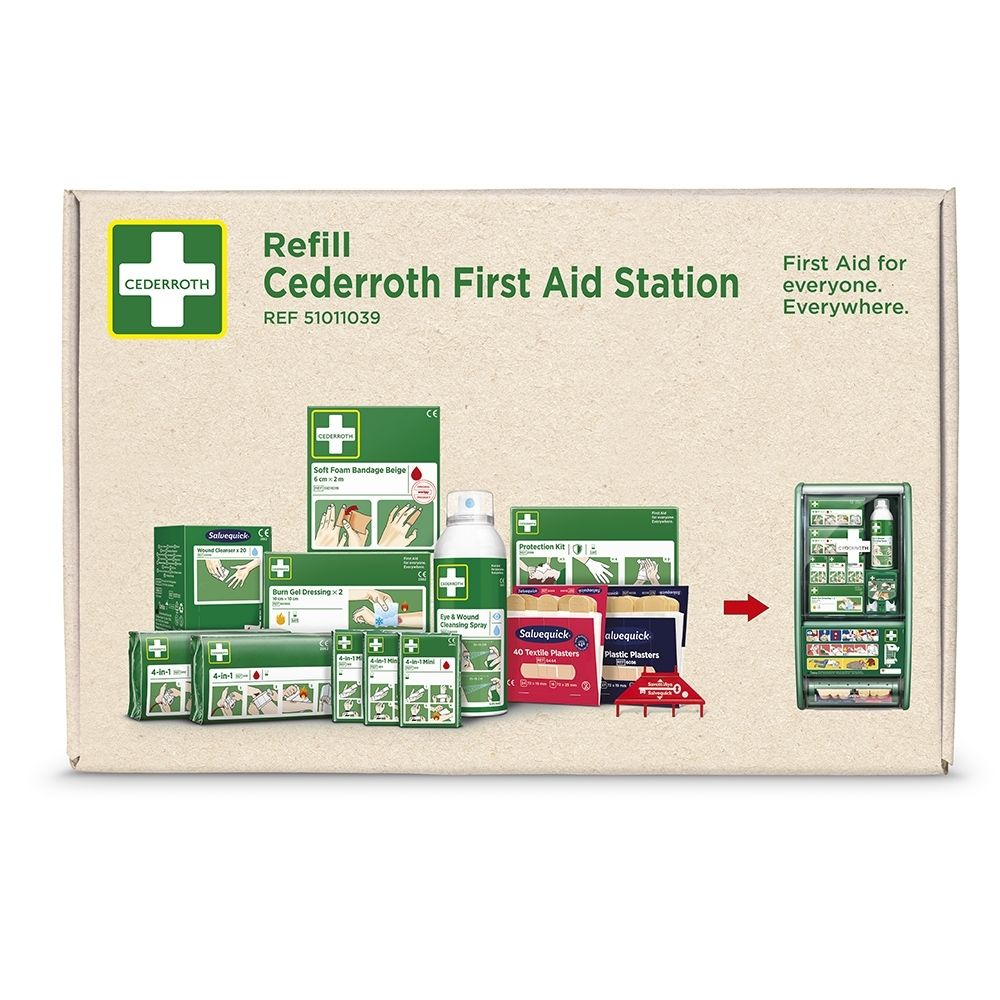 Emballage d'un kit de recharge de premiers secours illustrant le contenu et une station de premiers secours.