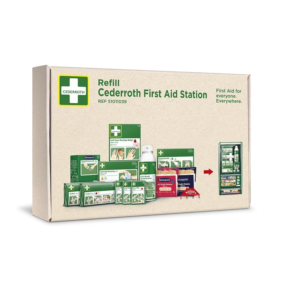 Emballage d'un kit de recharge de premiers secours illustrant le contenu et une station de premiers secours.