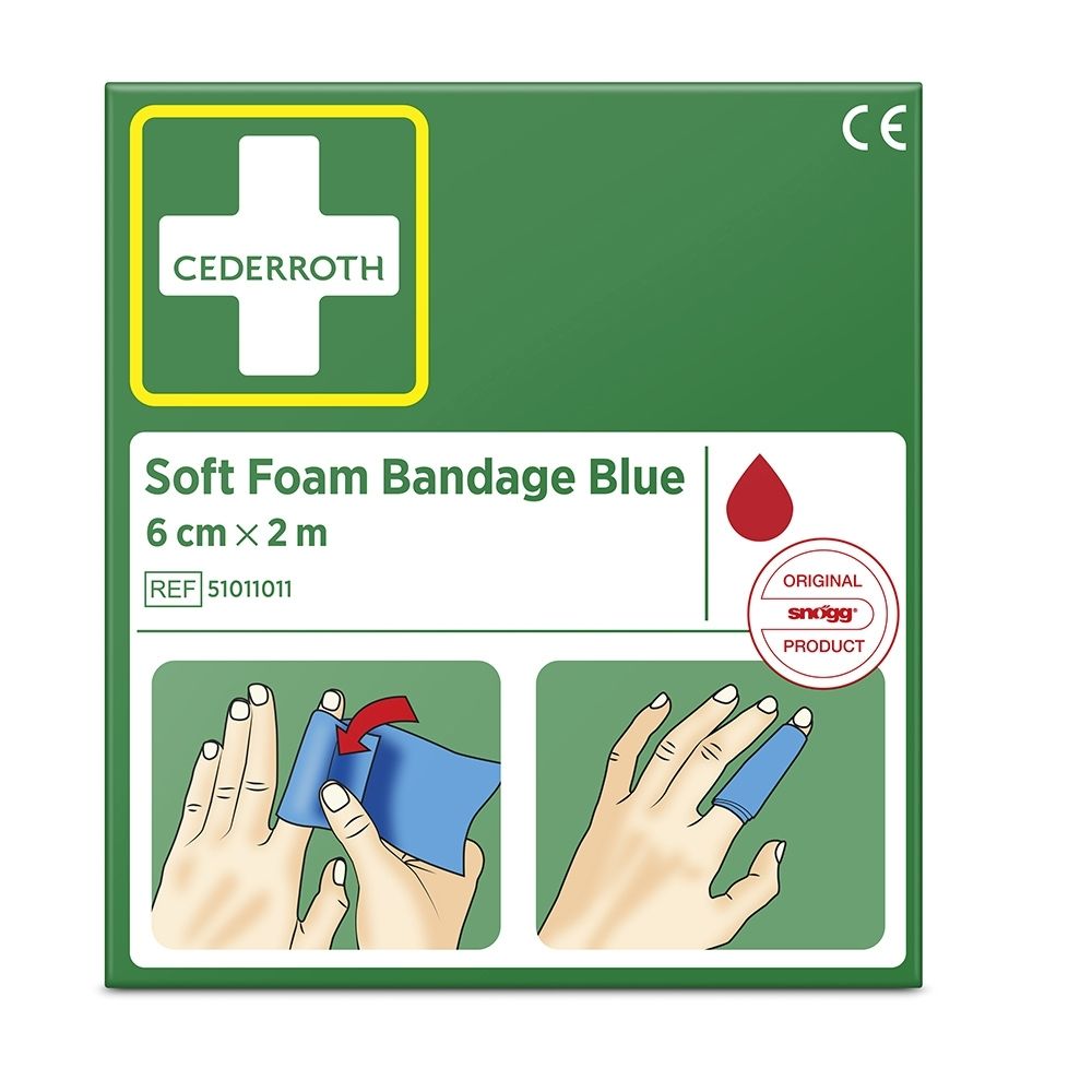 Face avant de l'emballage Cederroth Soft Foam Bandage. Montre le produit et les instructions d'utilisation.