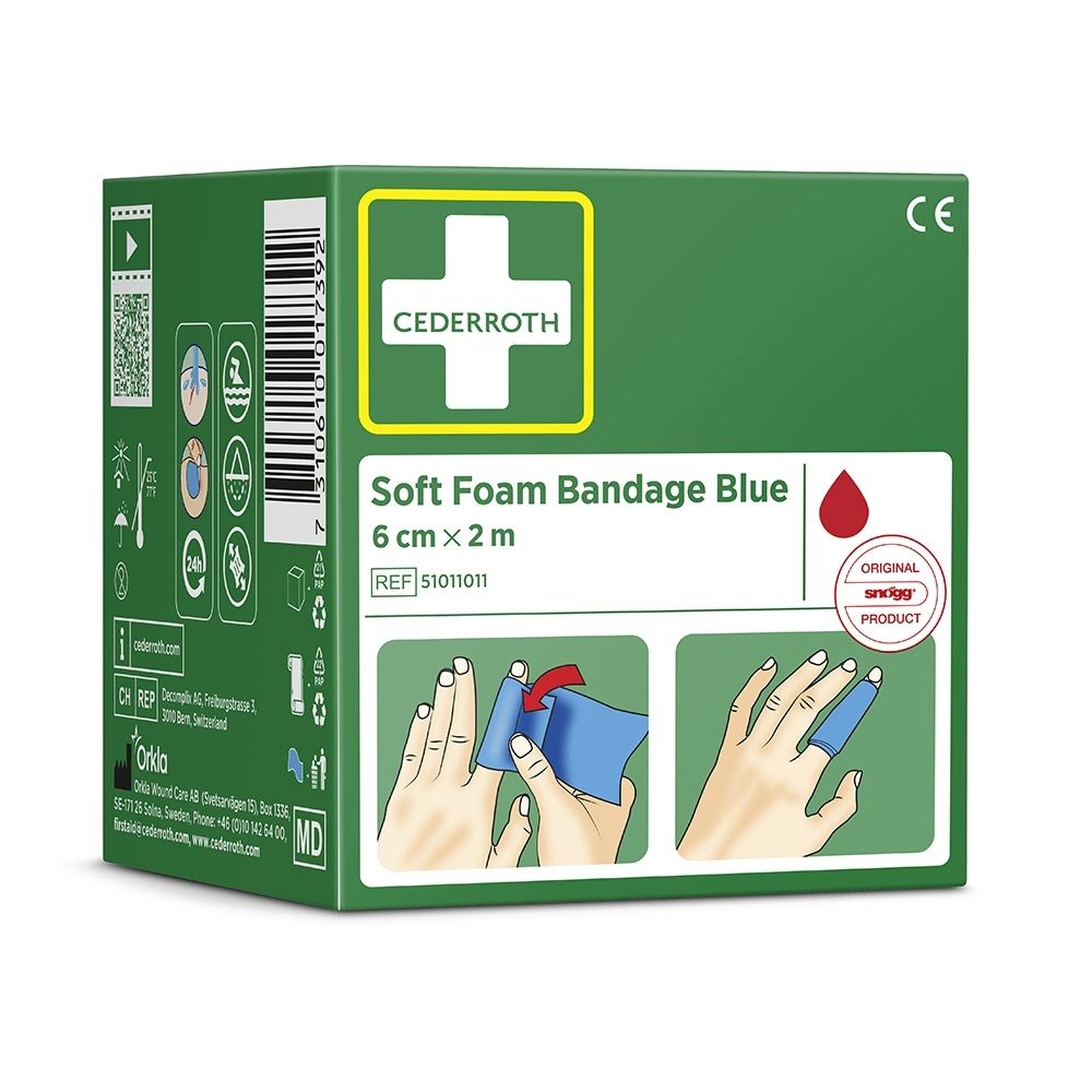 Arrière de l'emballage Cederroth Soft Foam Bandage. Montre les instructions d'utilisation et les informations produit.