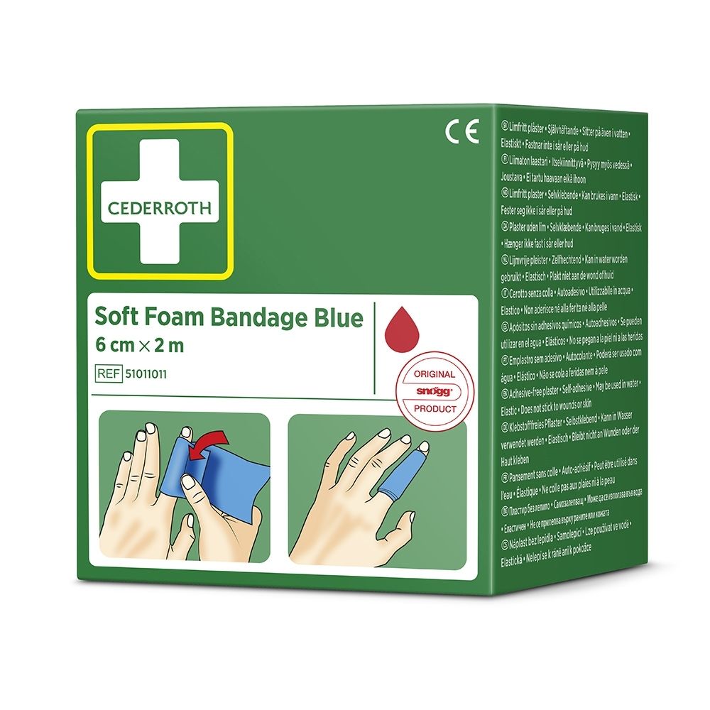 Vue latérale de l'emballage Cederroth Soft Foam Bandage avec descriptions produit multilingues.