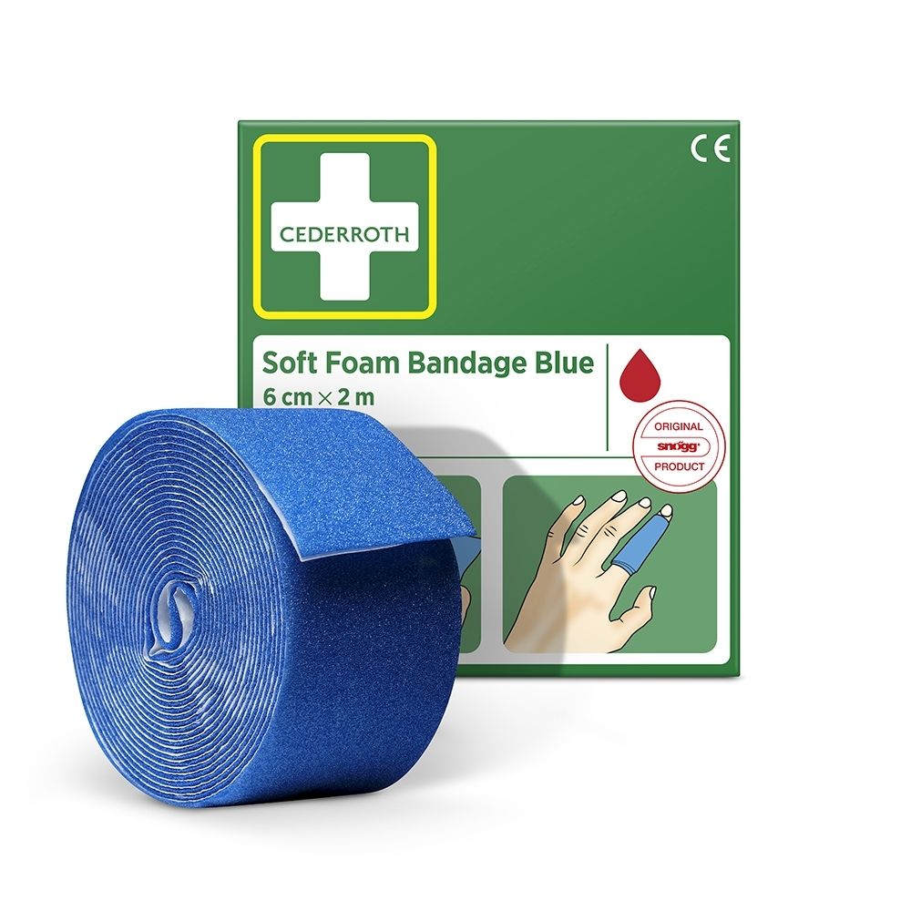Vue latérale de l'emballage Cederroth Soft Foam Bandage avec descriptions produit multilingues.