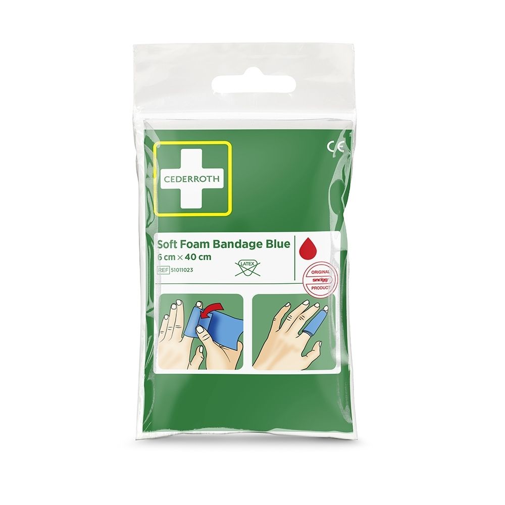 Bandage Cederroth Soft Foam Bleue, 6x40cm, certifiée CE. Montre l'application sur les doigts.