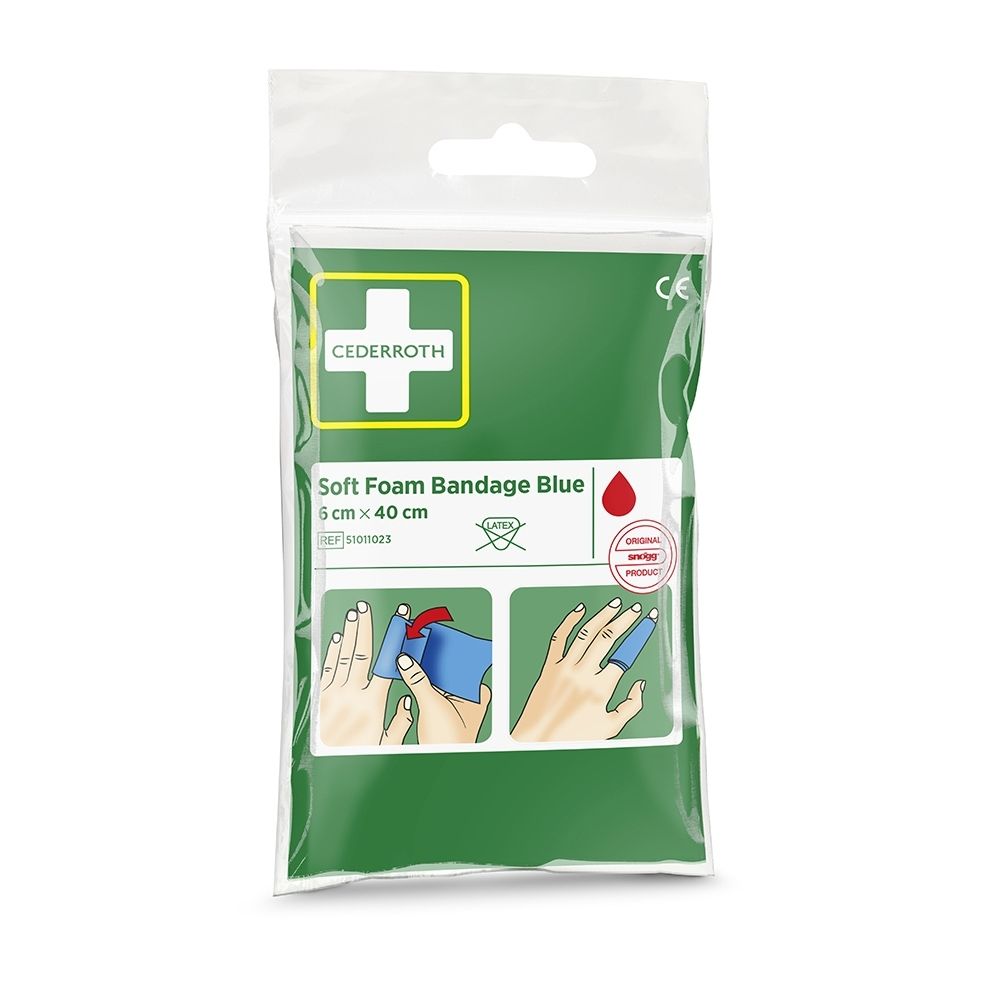 Bandage Cederroth Soft Foam Blue, 6x40cm, certifié CE, avec instructions d'application.