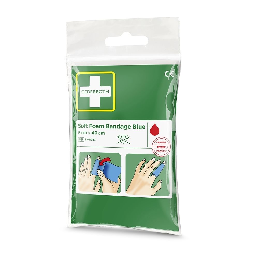 Bandage Cederroth Soft Foam Blue, 6x40cm, certifié CE, sans latex, avec instructions d'application.