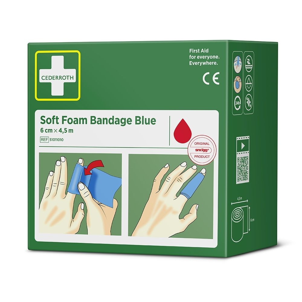 Emballage produit vert pour Cederroth Soft Foam Bandage Bleu, 6 cm x 4,5 m. Montre des instructions d'application.
