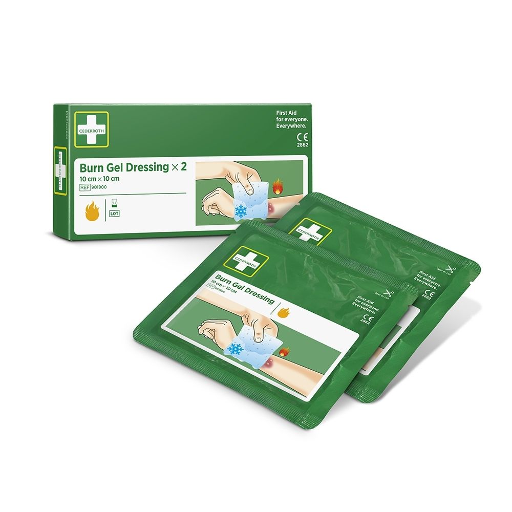 Pansement Cederroth Burn Gel 10x10cm, 2 pansements. Emballage et deux pansements individuels.