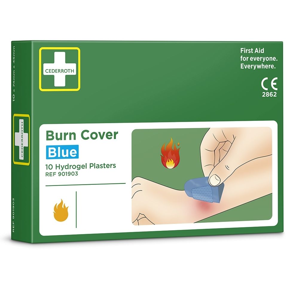Cederroth Burn Cover Blue Pansements hydrogel. Boîte verte illustrant une brûlure.
