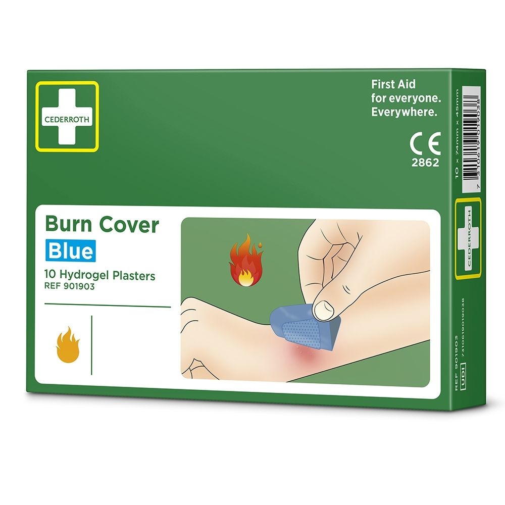 Cederroth Burn Cover Blue Pansements hydrogel. Boîte verte illustrant une brûlure.