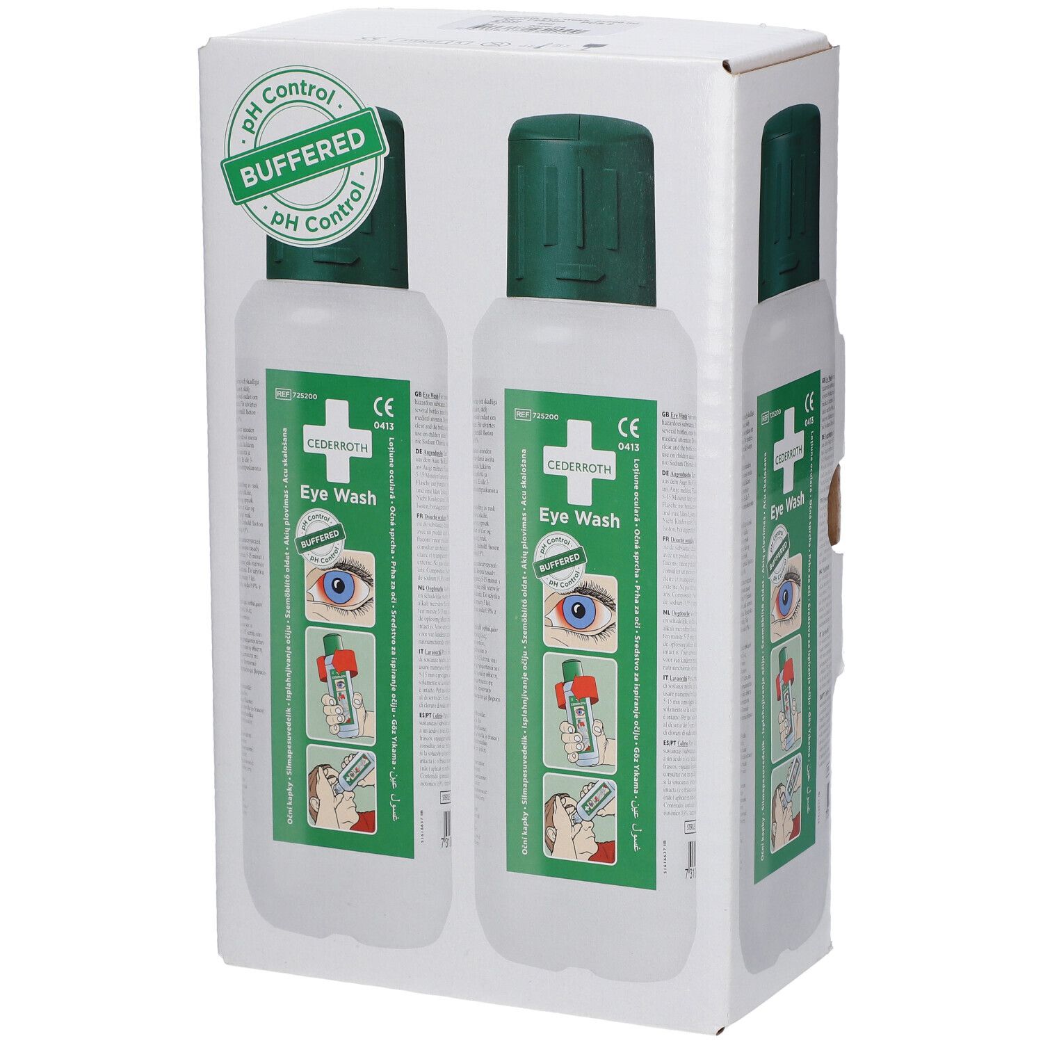 Emballage avec deux flacons de lavage oculaire. Bouchons verts, flacons blancs. Inscriptions : contrôle du pH, marquage CE, Cederroth Eye Wash.