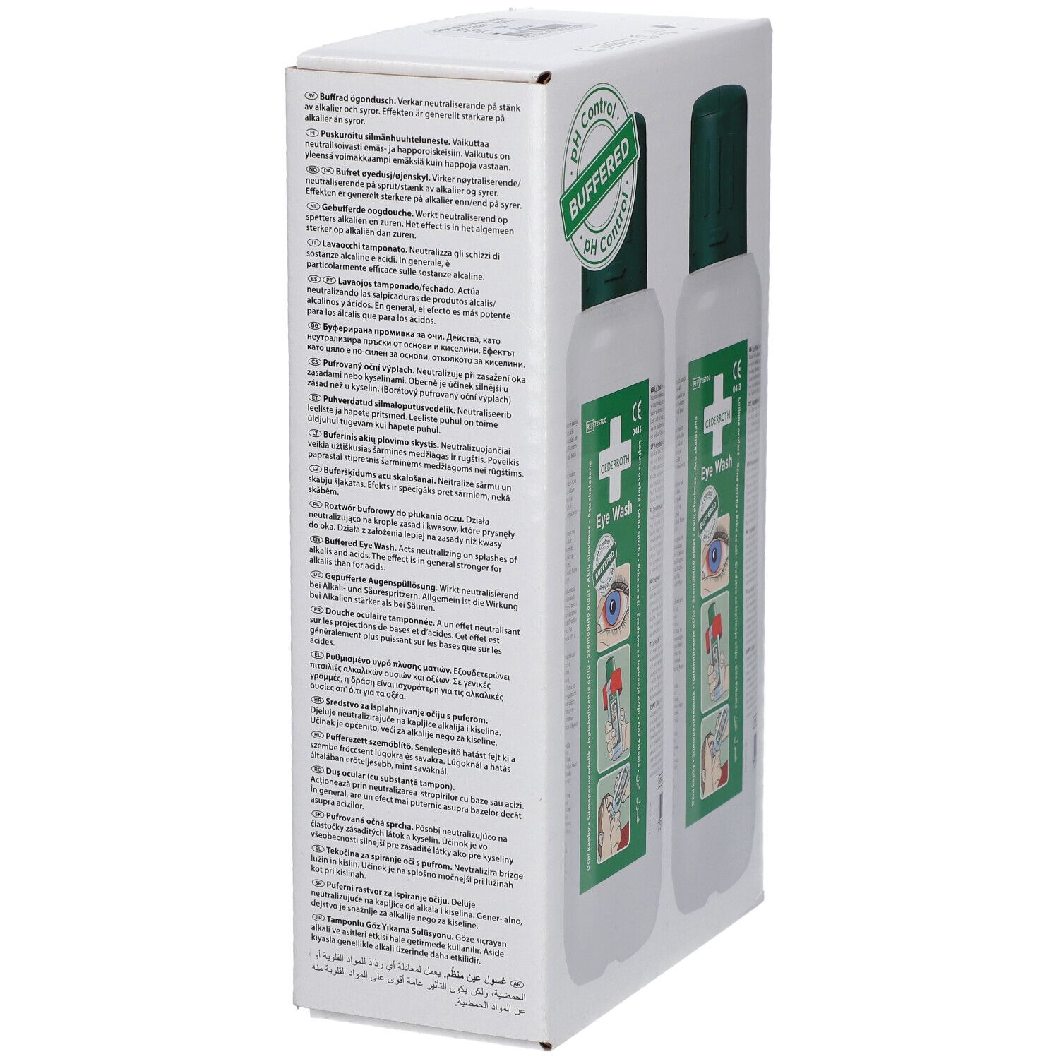 Emballage avec textes multilingues. Deux flacons de lavage oculaire visibles. Bouchons verts, flacons blancs. Marquage CE.