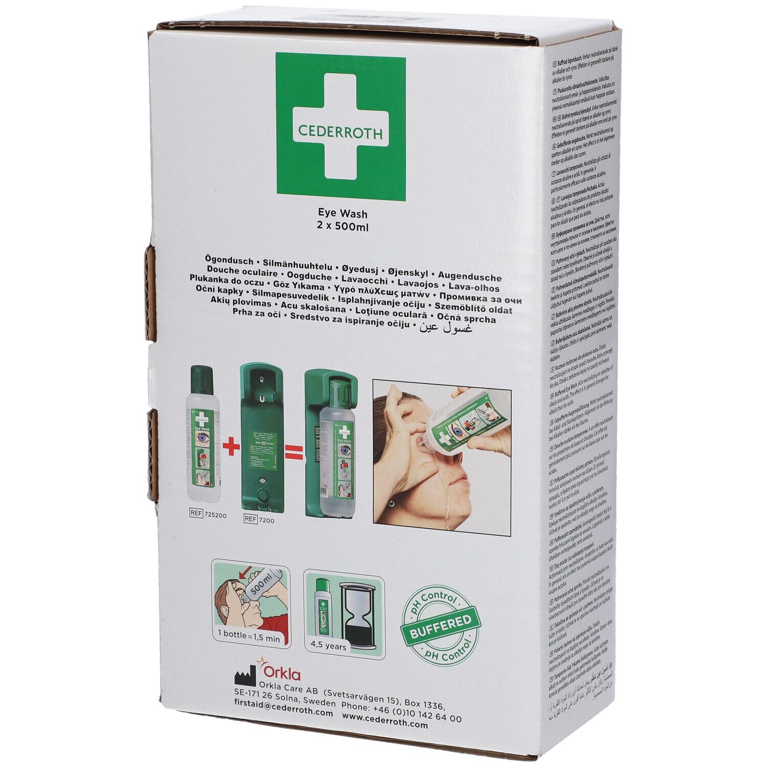 Dos de l'emballage. Illustrations d'utilisation. Logo Cederroth. Texte : Eye Wash. 2 x 500ml. Contrôle du pH. Marquage CE.