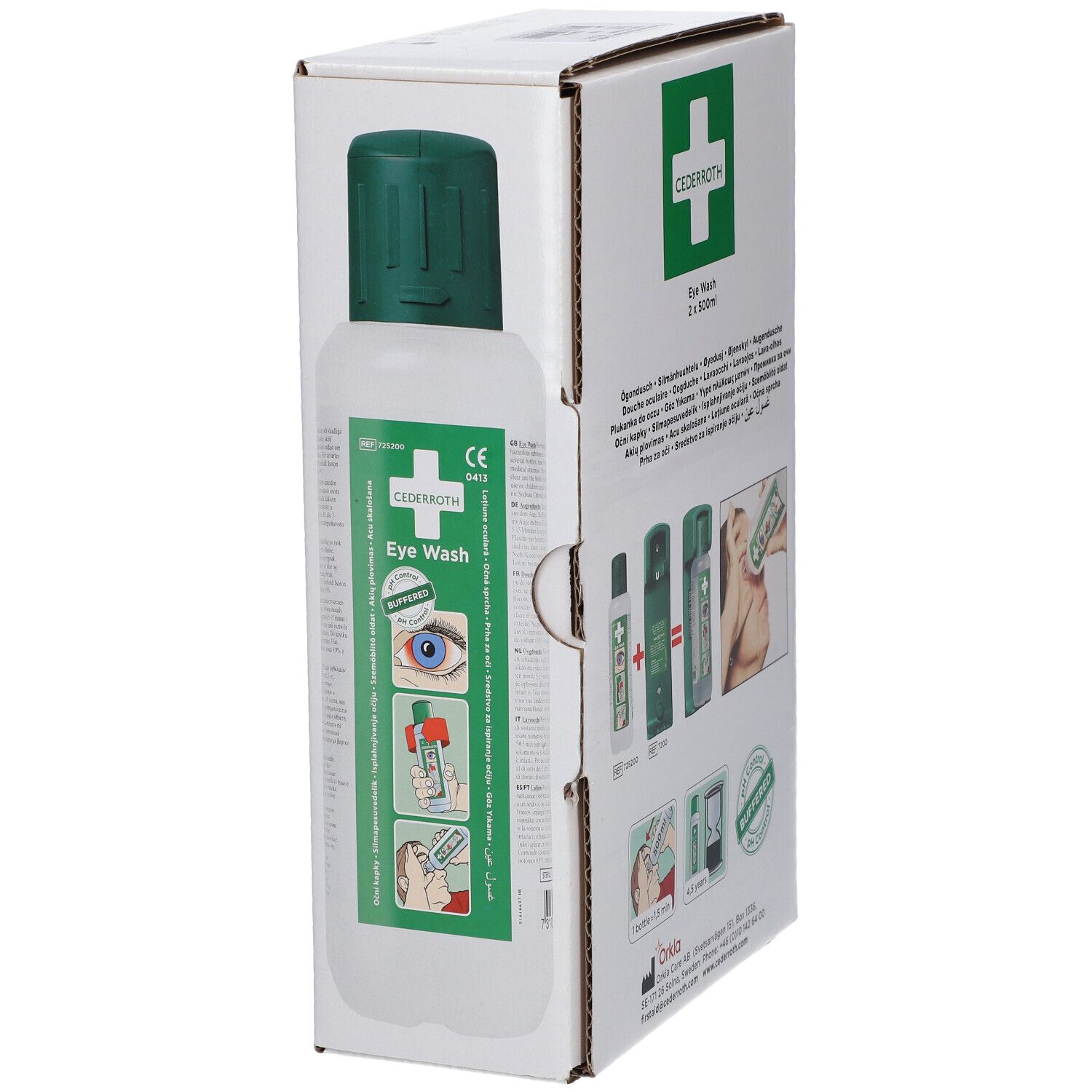 Emballage avec un flacon de lavage oculaire. Bouchon vert, flacon blanc. Inscriptions : contrôle du pH, marquage CE, Cederroth Eye Wash.