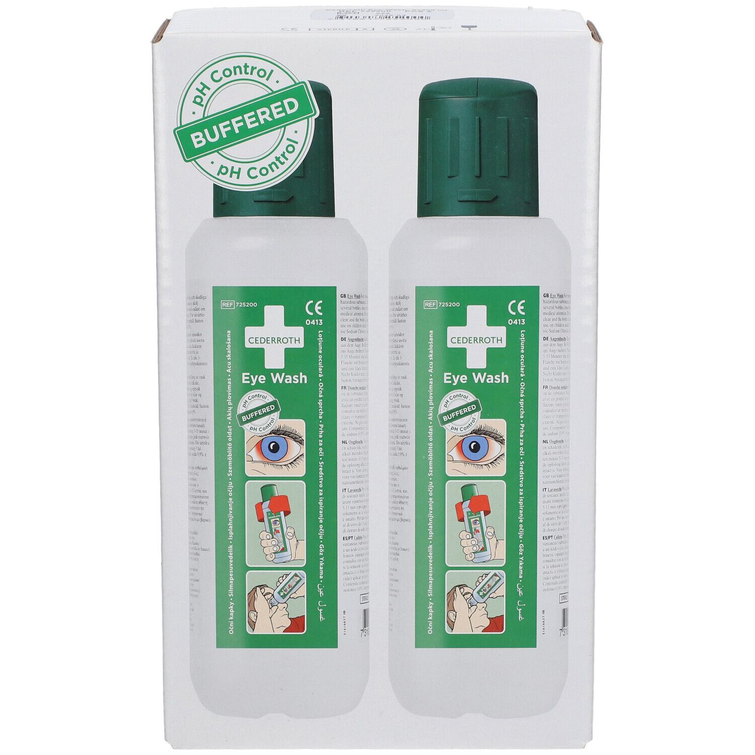 Emballage avec deux flacons de lavage oculaire. Bouchons verts, flacons blancs. Inscriptions : contrôle du pH, marquage CE, Cederroth Eye Wash.