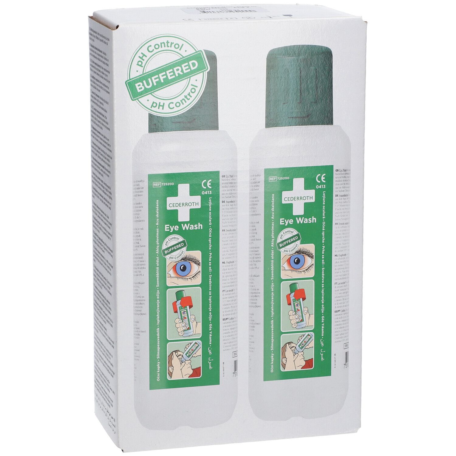 Emballage avec deux flacons de lavage oculaire. Bouchons verts, flacons blancs. Inscriptions : contrôle du pH, marquage CE, Cederroth Eye Wash.