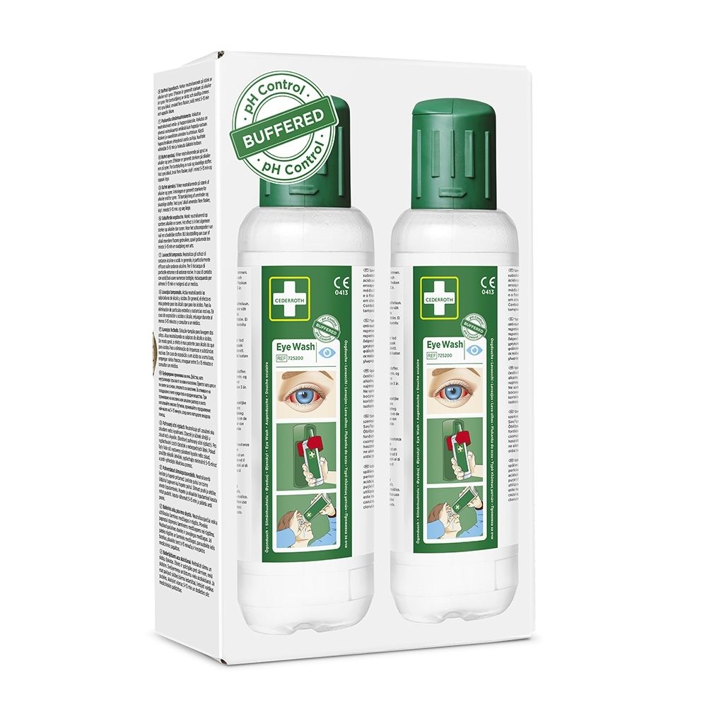 Avant de l'emballage de vente avec un flacon de lavage oculaire, instructions d'utilisation et marquage CE.