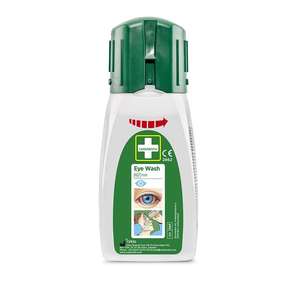 Flacon de lavage oculaire CEDERROTH, 255 ml. Avec bouchon vert et instructions d'utilisation.