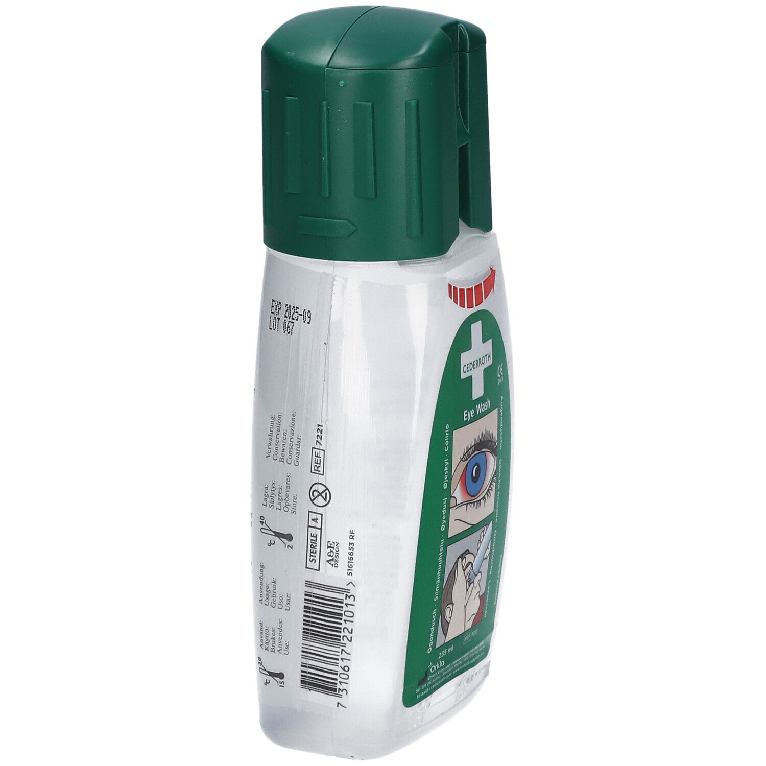 Flacon transparent avec bouchon vert. Inscription: Cederroth Eye Wash. Dos avec texte et code-barres.