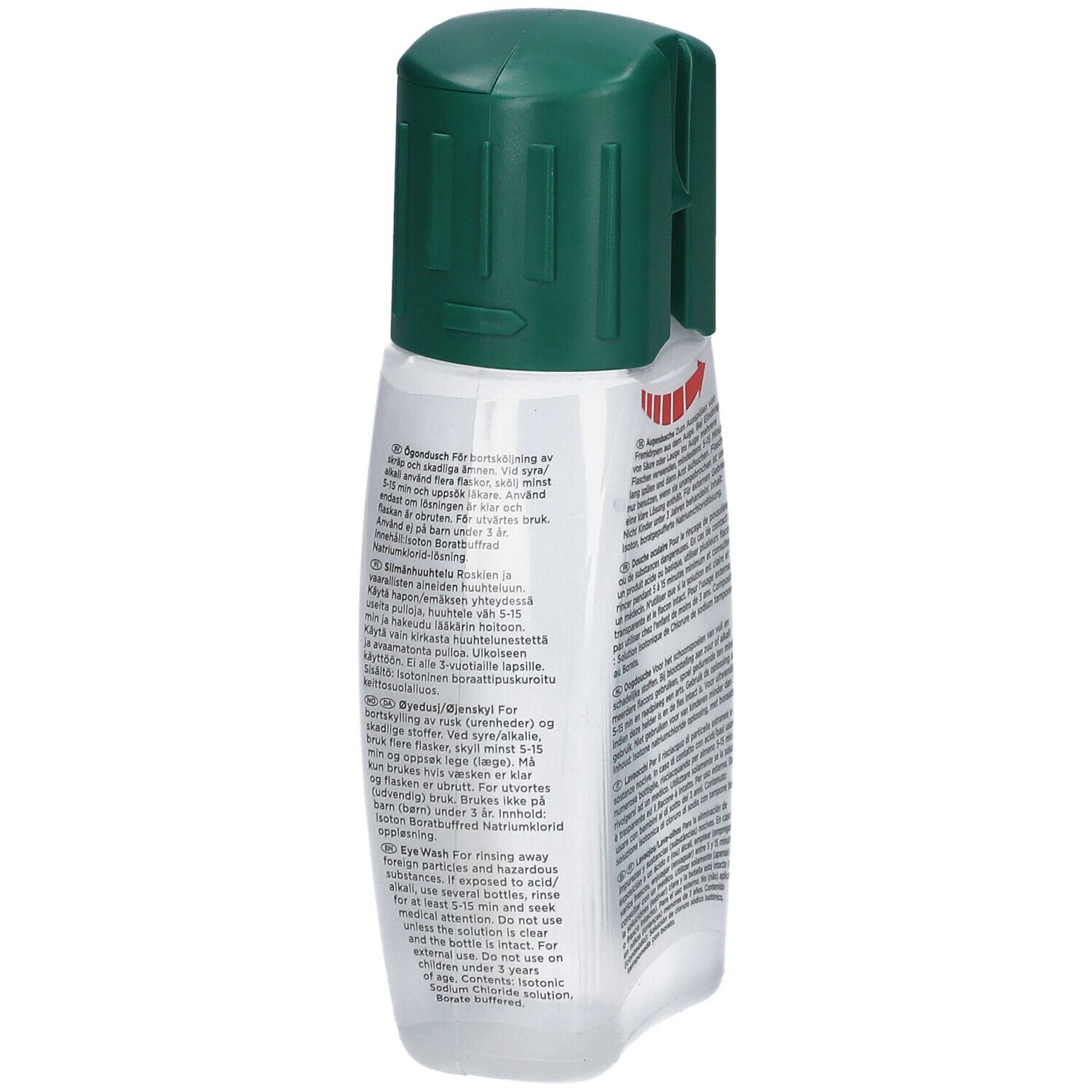 Flacon transparent avec bouchon vert. Dos avec texte multilingue. Symboles.