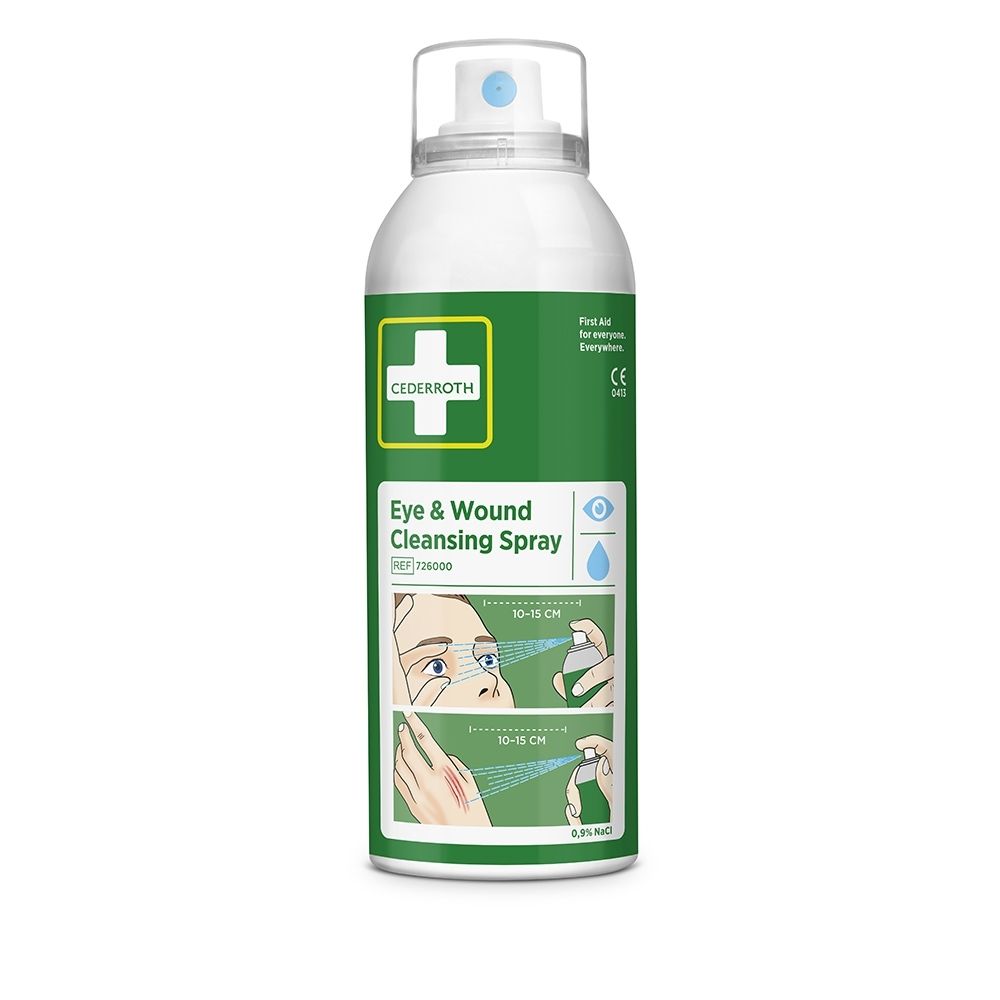 Cederroth Spray nettoyant pour les yeux et les plaies. Face avant avec instructions d'application pour yeux et plaies.
