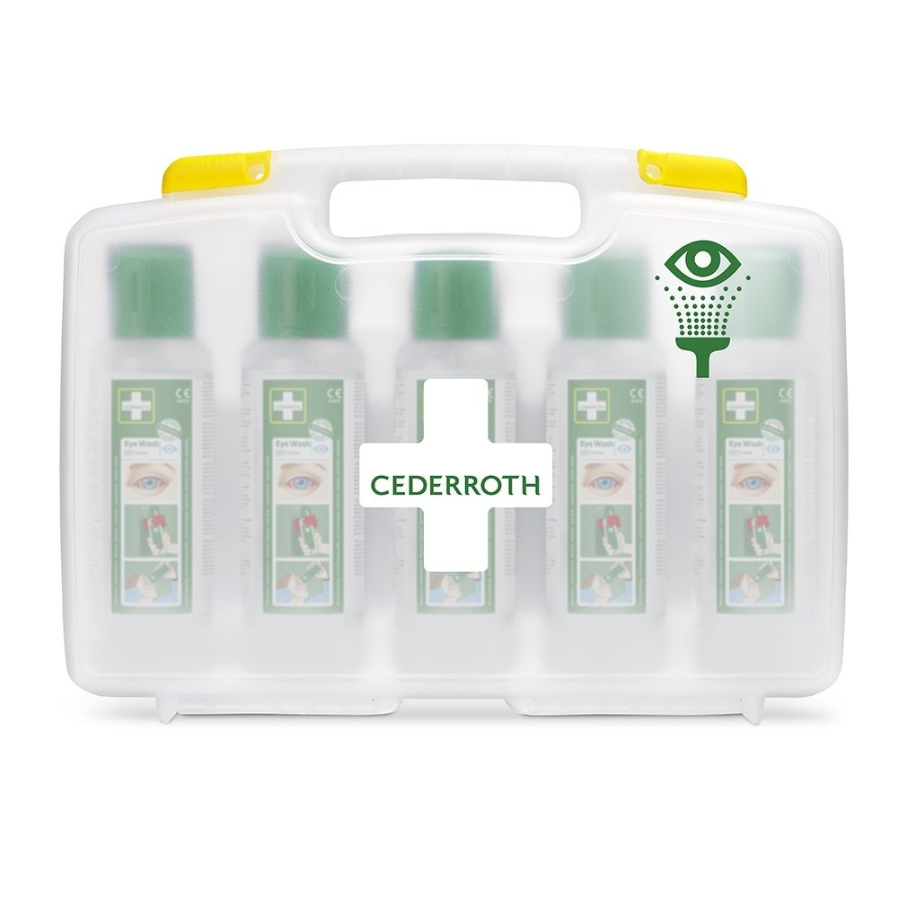 Boîte de premiers secours pour les yeux blanche ouverte avec cinq flacons de solution et logo Cederroth.