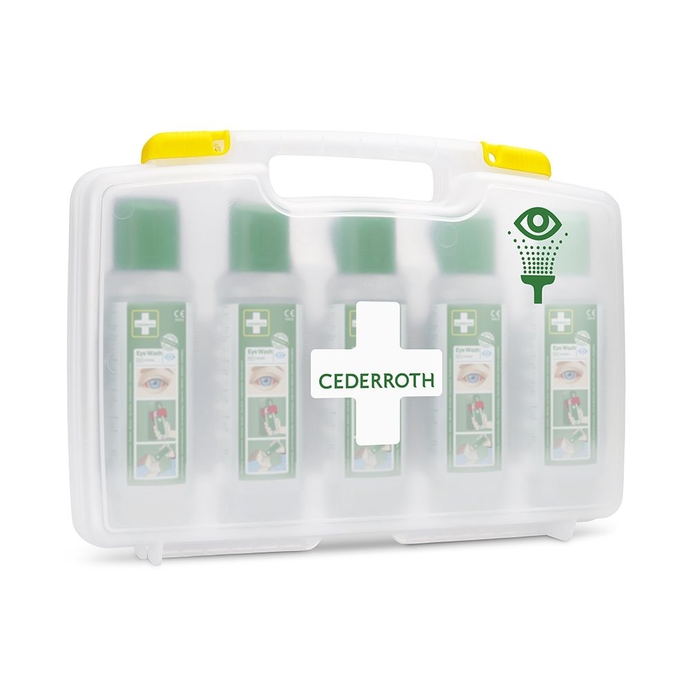 Boîte de premiers secours pour les yeux blanche fermée avec cinq flacons de solution et logo Cederroth.