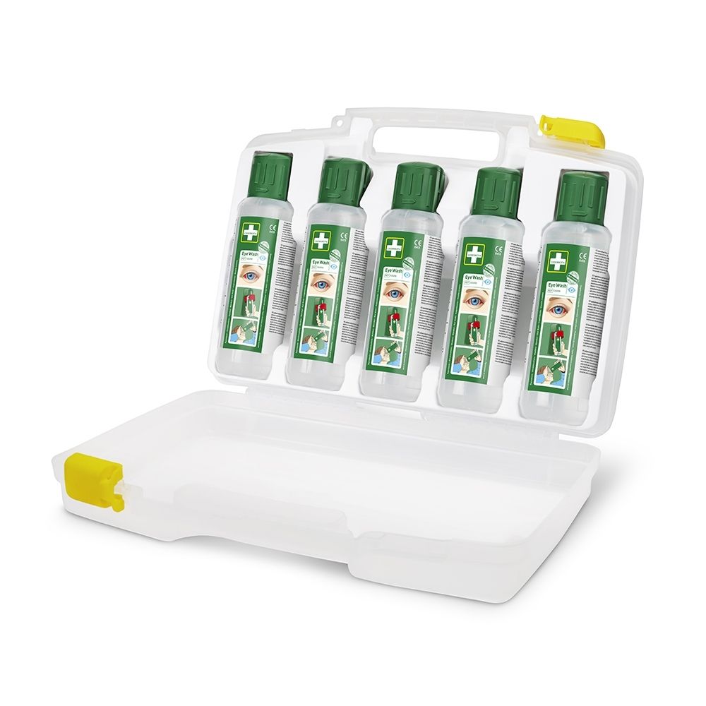 Boîte de premiers secours pour les yeux avec cinq flacons de solution oculaire, vue de face.
