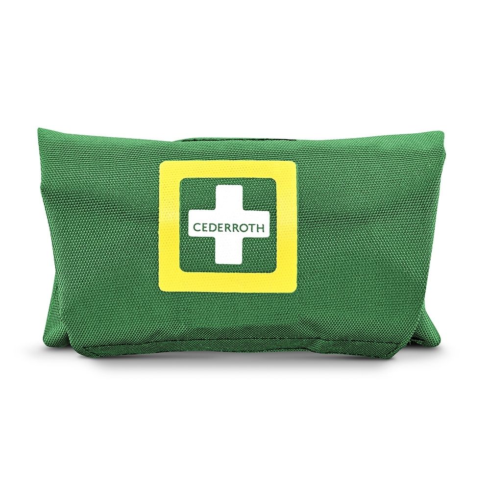Trousse de premiers secours verte avec étiquette blanche, logo Cederroth et mention 'First Aid Kit SMALL'.