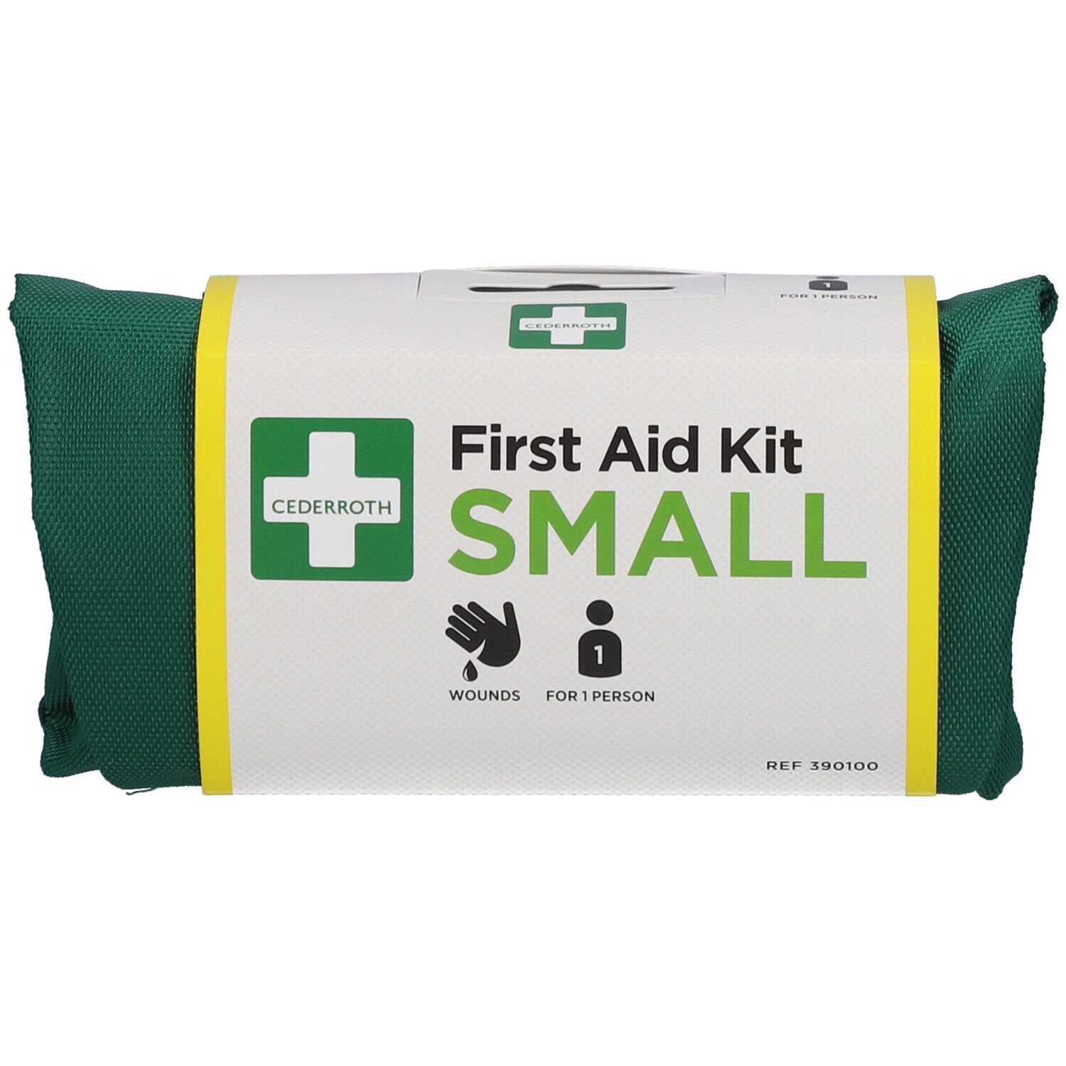 Trousse de premiers secours verte, petite, avec bande jaune. Contient du matériel de premiers secours. Marque CEDERROTH visible.