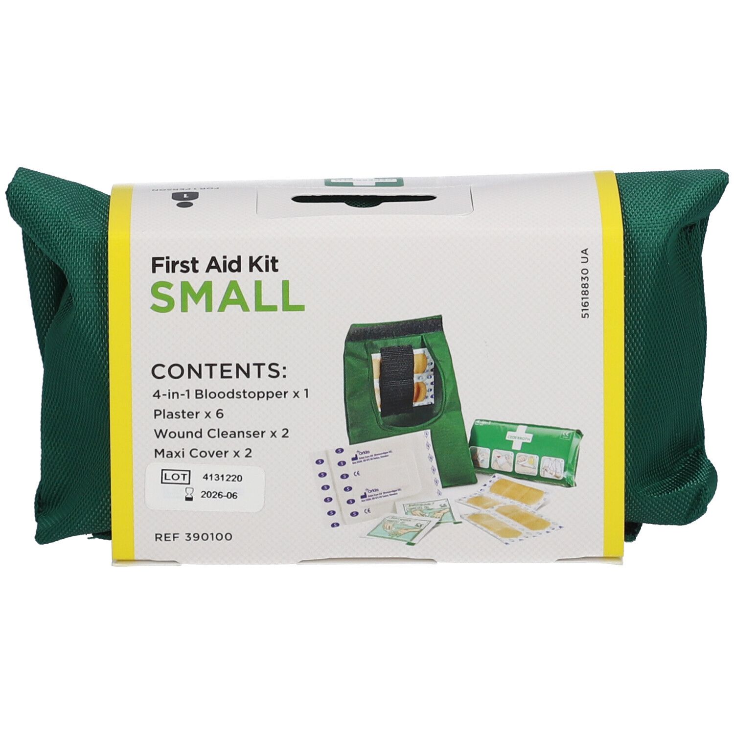 Petite trousse de premiers secours verte avec bande jaune. Contenu : pansements, nettoyant pour plaies, arrêt du sang. Éléments séparés.