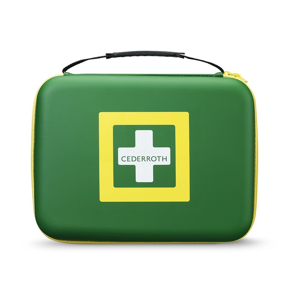 Sac de premiers secours vert avec cadre jaune et croix blanche avec logo "CEDERROTH".