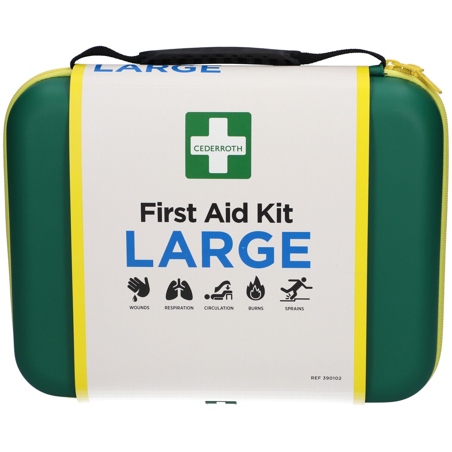 Trousse de premiers secours verte avec étiquette blanche. Inscription : "First Aid Kit LARGE". Logo : croix verte. Fermeture éclair et poignée jaunes.