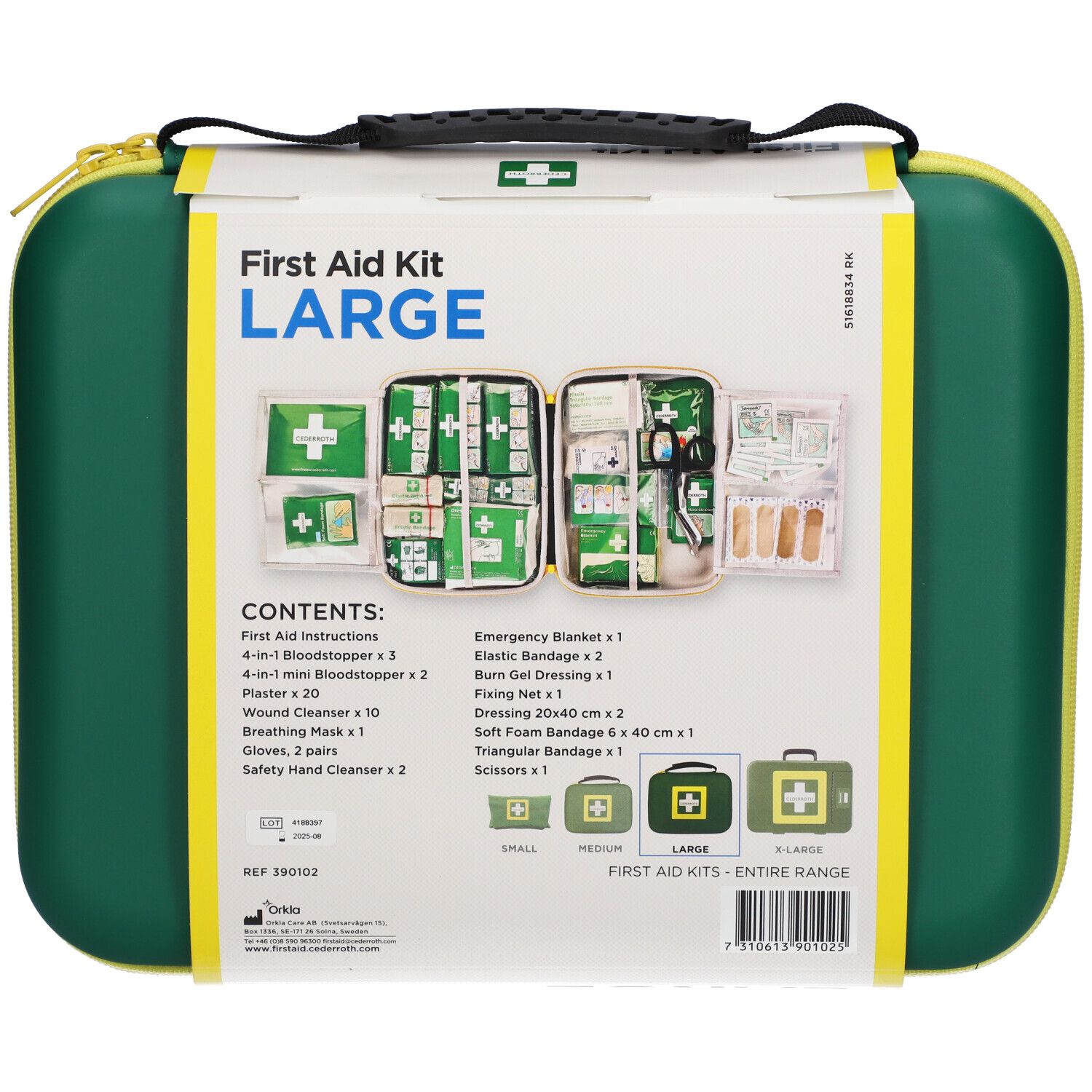 Trousse de premiers secours ouverte avec contenu. Inscription : "First Aid Kit LARGE". Contient pansements, ciseaux, gants et instructions. Trousse verte.