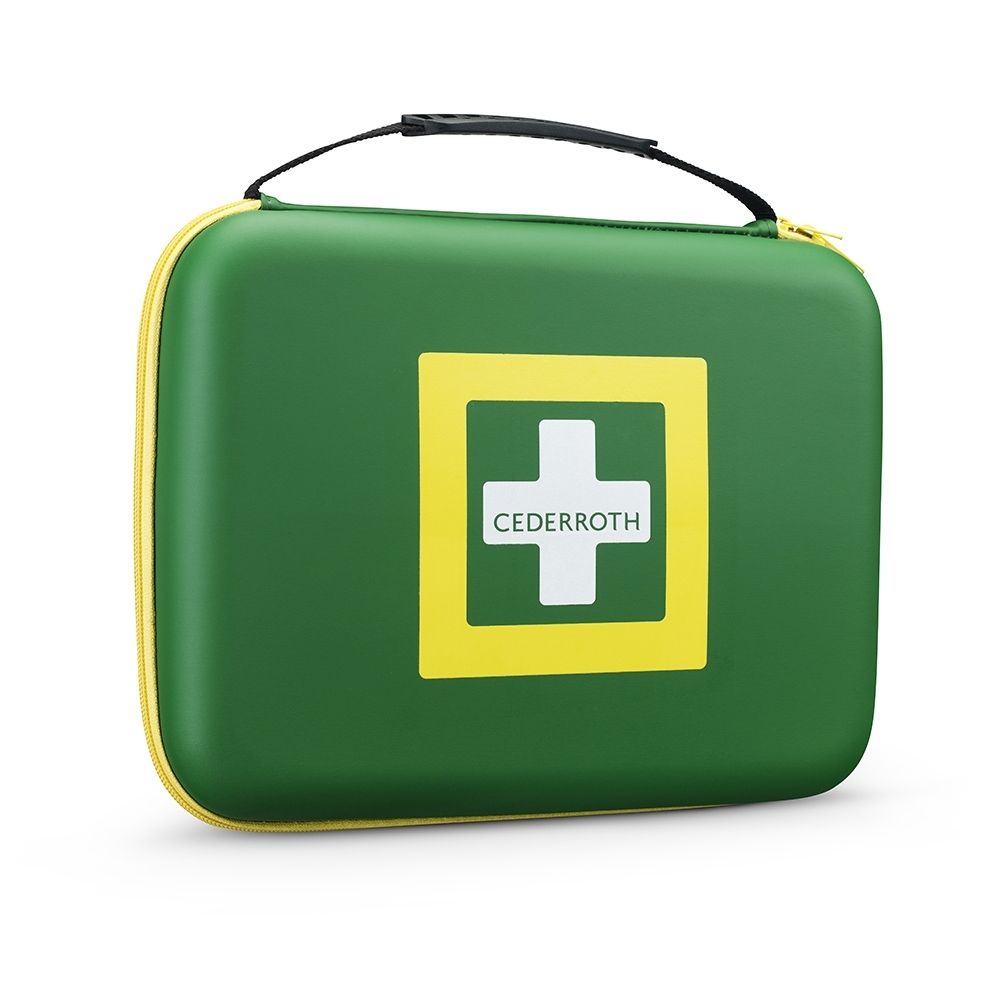 Boîte de premiers secours verte avec cadre jaune et croix blanche avec logo "CEDERROTH".