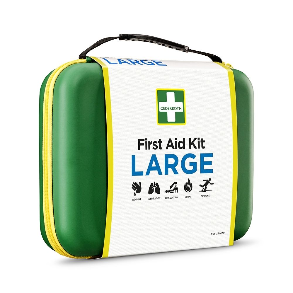 Sac de premiers secours vert avec cadre jaune et croix blanche avec logo "CEDERROTH", vue de face.