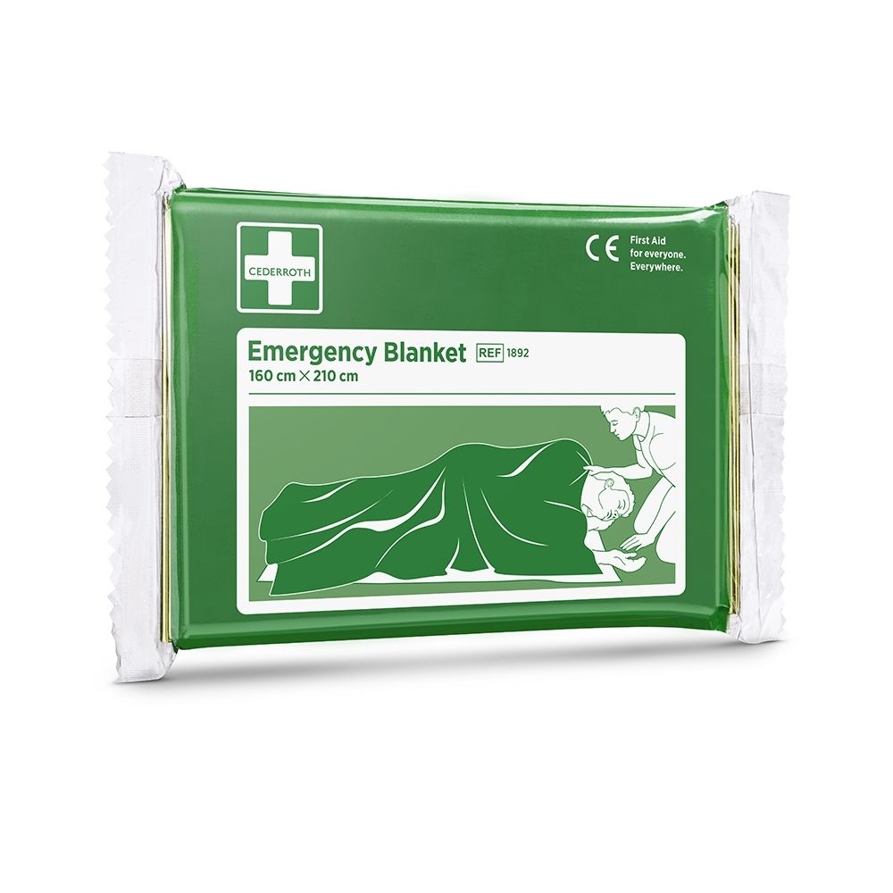 Couverture de secours, 160 x 210 cm, emballage vert avec marquage CE et symbole de premiers secours.