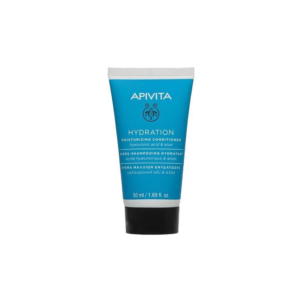 Apivita Après-Shampoing Hydratant, tube 50ml avec bouchon noir. Hydratation à l'acide hyaluronique et à l'aloe.