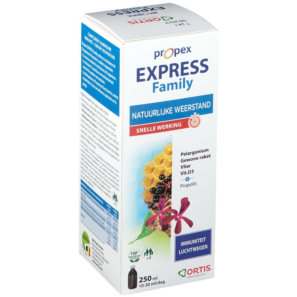 Boîte Ortis® Propex Express Family. Ingrédients et informations. Contient 250 ml. Illustration d'abeille et de plantes.