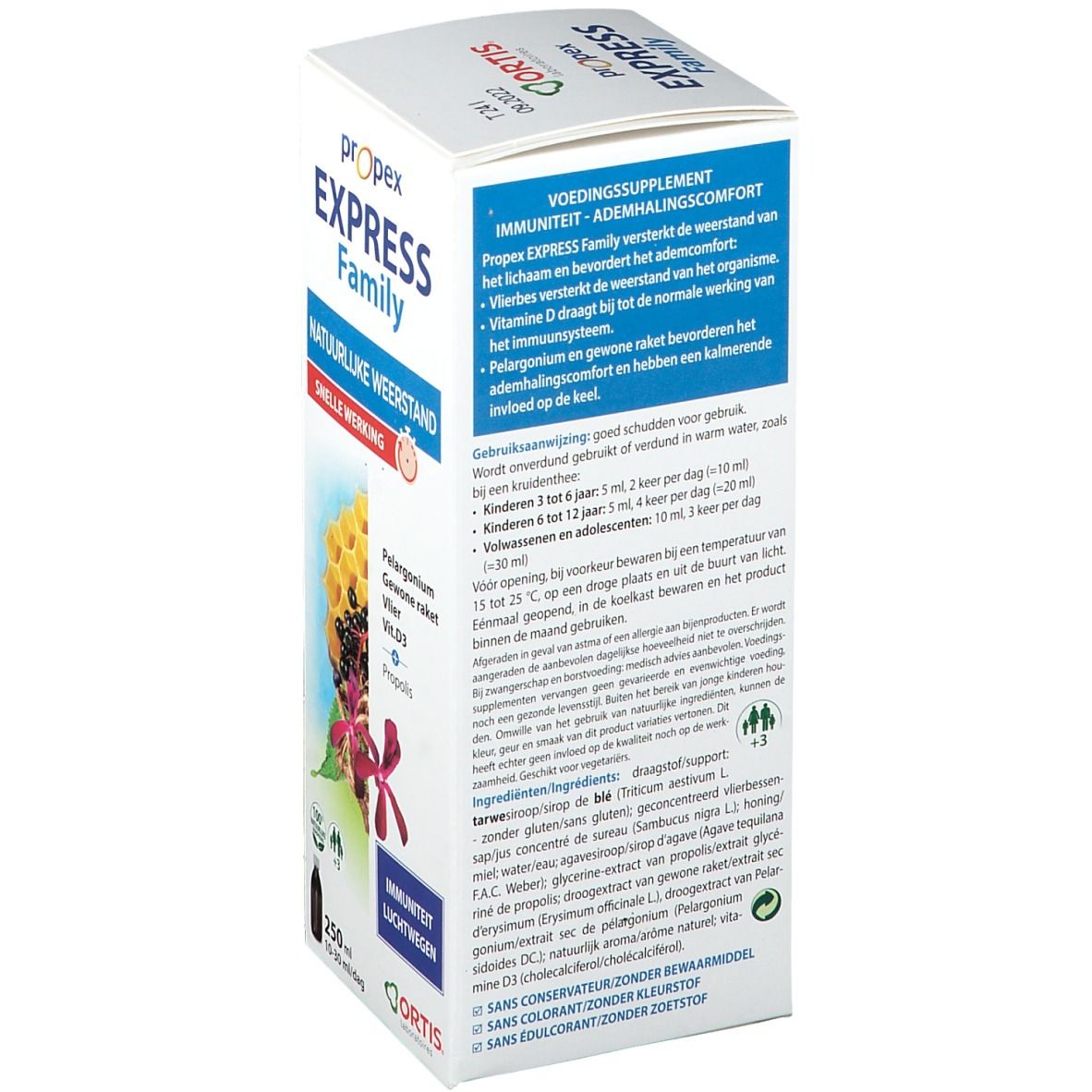 Dos de la boîte Ortis® Propex Express Family. Ingrédients, informations et instructions d'utilisation.